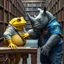 Placeholder: close up photo from a yellow color big and fat anthropomorphic frog in simple human clothes talking with a gray strong anthropomorphic rhinoceros without horns in blue modern security guard clothes, they talking and elbowing on an old wooden railing next to each other, in background a bibliothek with tall book shelves, detailed sci-fi, fantasy mood