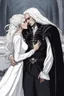 Placeholder: Strahd Von Zarovich being kissed by a beautiful woman with white hair, wearing an off the shoulder dress. Settling and background are a lavish toomb with an ebony coffin.