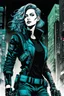 Placeholder: create a negative space illustration of a female cyberpunk private detective with prosthetic arm in flak vest, with highly detailed , sharply defined feminine facial features, in a chaotic, turbulent, otherworldly Tokyo in the graphic novel style of FRANK MILLER, precisely drawn, inked, with dramatic edges, chiaroscuro ,