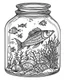 Placeholder: fish sea life in jar minimalistic, line art, background, vector, svg, coloring book page style, black outline on white background