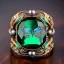 Placeholder: olivine stone, metal jewelry symbol,ring, chain,butterfly, flowers, ancient, magic,on dark wooden table with drinking glass, hairy hand