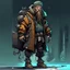 Placeholder: street vandal cyperpunk dwarf with cybernetic legs, dressed with a coat and beanie