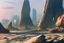 Placeholder: Sunny day, people near the, rocks seeing a distant modern city, sci-fi