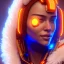 Placeholder: A beautiful portrait of a cyberpunk wonam smiling facing camera orange color scheme, high key lighting, volumetric light high details with white stripes and feathers unreal 5, octane render, cinema4d, dynamic lighting, dramatic lighting, 4k, redshift render, highly detailed, hyper realistic