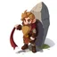 Placeholder: Male Fantasy RPG character, chaabi kawaii Mario proportions, lord of the rings inspiration, Vandyke beard, with a long ribbon held out in front, bounding out from behind a large rock at an angle, isometric game