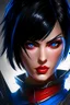 Placeholder: Fiora in kombat, blue eyes, short black hair, black and red details, league of legends