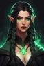 Placeholder: Young beautiful female Hexblood warlock character. Lightly tanned skin. Long straight jet-black hair to the waist. Half-up hairstyle with two loose Dutch braids on each side. Bright glowing pale emerald-green eyes. Delicate face. High cheekbones. Full lips. Soft smile. Slightly pointed ears. Faint dark vine-like markings on neck and collarbone. Black cloak. Realistic dark fantasy. Highly detailed. Cinematic lighting.