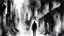 Placeholder: futuristic modern dark night metropolis the soul leaves a man in an alley. In black and white style watercolor drawing. a lot of black color