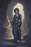 Placeholder: Dnd character in a dark cave. Leaning against a wall. A female Elf twilight cleric with super curly, super short, dark blue hair and golden eyes, wearing gray and dark blue robes. With tattoos. Etheral, very muscular, strong.