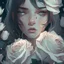 Placeholder: Pictures of a beautiful girl with a with background holding white roses covering her face Like from a cartoon movie, digital art, anime, 4k, full details, high resolution