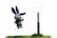 Placeholder: the muppet's Bean Bunny in a grey color, panicked in wind holding onto a sign post while being pulled vertically. on white background