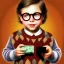 Placeholder: Peter Billingsley chubby kid Tortoise-shell glasses, Holding a ((Dark red plastic soap bar)) in his hand, brown argyle sweater