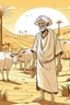 Placeholder: Old man, Arab, turban, white clothes, cattle, desert, council, sun, palm trees, mud houses, holding a stick, looking forward, a very slight smile.cartoon