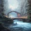 Placeholder: fantasy art, book illustration, wild horse, stairs of a bridge to old mill ,icy water, on the bridge is a wolf,seen from the tree tops