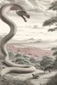 Placeholder: "image_description": "overall_scene": "A vintage-style monochromatic illustration depicting a giant snake against a vast, atmospheric landscape backdrop.", "foreground": "serpent": "description": "A giant snake coils around a giant tree. Its scales are highly detailed, and its form is imposing and powerful.", "details": "The snake's body is wrapped around the thick branches of the tree, illustrating its immense size and strength." "background": "landscape": "descrip