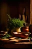 Placeholder: A rustic wooden cutting board, aged oak surface textured with knife marks, surrounded by vintage kitchen tools and fresh garden herbs cascading off the edges, positioned on a rough farmhouse table, ambient warm light casting soft shadows, still life photography, high dynamic range, rich earth tones.