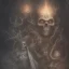 Placeholder: Evil Old human Necromancer in dark robes in a dark cave covered in darkness with skeletons all around him