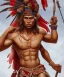 Placeholder: Guaicaipuro, native american god warrior, long hair, big muscles, red feathers headdress, shirtless, holding a stone tip spear