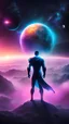 Placeholder: Lonely super hero with background space with multi verse planet wolrd,cinematic galaxy, neon light cosmic with motion fog at night