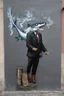 Placeholder: man with catfish shark head smoking a cigarrette in the style of banksy