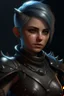 Placeholder: create a young female air genasi from dungeons and dragons, dark gray short hair, undercut, light blue eyes, wind like hair, wearing hot leather clothing that also looks studded, realistic, digital art, high resolution, strong lighting