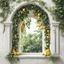 Placeholder: A window in white with an arch decorated with mangoes and light green leaves