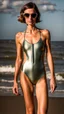 Placeholder: beautiful anorexic woman, standing frontal, full body shot, short shiny triathlon swimsuit, wavy bob haircut, photographed on the beach, raw, no shades