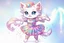 Placeholder: a cute fluffy chibi cat dancer in metallic silky shined colourful dress dynamically dancing and throwing up shiny metallic glitters