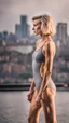 Placeholder: beautiful anorexic young woman, total shot, grey triathlon swimsuit, short blonde wavy bob hair, blurred city background