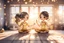 Placeholder: cute chibi yoga girls in sunshine, yoga room, watercolor and black ink outlines, sparkling golden glitter, ethereal, cinematic postprocessing, bokeh, dof