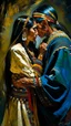Placeholder: Side profile of a Native American with her aspirations behind her standing . Holding her man hugging with love and romance,Opulent Van Gohn style painting, Busch painting style nightmare