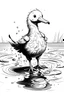 Placeholder: Seagull lands in a puddle so it splashes. One stands next to the puddle and gets water on his head. Cartoon style in black and white, pencil sketch.