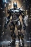 Placeholder: Fullbody photography front view of a Batman mech in transformative style, his metallic skin gleaming with intricate textures and intricate details, captured in an ultra-realistic style that blurs the lines between reality and imagination, cosmic background