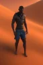 Placeholder: 3D render of a cyberpunk tribal young black man, black hair, hooded, on a orange dune background, digital art