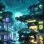 Placeholder: cyberpunk machine gun turret, outside, rain, moonlight