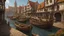 Placeholder: gothic medieval harbour with ships, piers, houses, shops, inns, balconies, plants, people, market