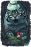 Placeholder: big scary cat seen from the below the ground, a tiny gnome hiding
