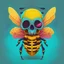 Placeholder: cartoon bee skull with skeleton torso looking right colors bee hive colors psychedelic