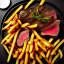 Placeholder: a nice juicy steak with french fries on a black plate