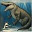 Placeholder: [art by john bauer] underwater picture of a muscular warrior fighting bare hands with a giant crocodile : he grabs the crocodile by the neck.