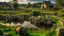 Placeholder: Rustic village adapted to the rocky terrain, green meadows contrasting with battle scars, sacred pond surrounded by megalithic stones, wild horses drinking water among remains of past conflicts, stone houses with thatched roofs next to defensive bastions, dramatic sunset illuminating the historic landscape, rural documentary style
