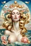 Placeholder: a striking image of the birth of Venus, exactly in the famous style, she is surrounded by modern style realistic and detailed images of ladies with facelifts, Botox lips, too much makeup, fake beauty , they look at her jealously as their fake beauty cannot overshadow the natural beauty of Venus