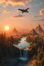 Placeholder: you can land or fly a spacecraft in a world with forests, deserts, lakes, pyramids and waterfalls, at sunset