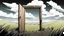 Placeholder: broken wooden door, anime, monochrome, black background, ink, simple, maximum quality, broken hinge, barely functioning, centered on frame, far view, in the middle of a grassy hill, white sky with cumulonimbus