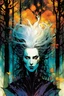 Placeholder: create a wildly conceptual print illustration of a feral sorceress with highly detailed hair and feminine facial features, in an ethereal, otherworldly ,ancient autumn forest , in the comic book art style of Bill Sienkiewicz, Mike Mignola, Sparth, and Jean Giraud Moebius, finely drawn, colored, and inked, suffused with dramatic natural light and shadow of sunset