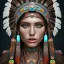 Placeholder: war painted pueblo Indian female, dark, disturbed expression.intricate detailethnically accurate face, intricate head dress, detailed make-up, detailed turquoise jewelry, detailed hair, detailed feathers, use dynamic palette, accurate proportions, high contrast black smokey bokeh background.alphonse mucha style