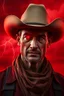 Placeholder: A cowboy portrait with a red light reflecting in their cybernetenhancements.red background all are red cloudy stormy with thunder in the background with be eye latched