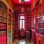 Placeholder: A reddish magenta library in a village designed in Matryoshka nesting dolls painted by Wassily Kandinsky