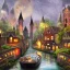 Placeholder: A magical dark gothic canal little town with a castle and huge caravan houses Nick Harris style