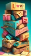 Placeholder: Stacked boxes full of love letters, realistic, professional, art, detailed, vibrant colors.